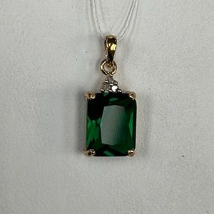 Solid 10k Yellow Gold Emerald and Diamond Pendant